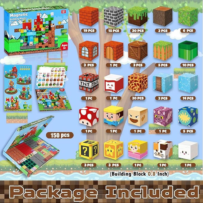 Magnetic Blocks-150 PCS Build Adventure Game Castle World Set - Magnetic Building Cubes Stacking, STEM Montessori Sensory Toys for Kids Boys Girls Ages 3 4 5 6 7 8 9 10 Eater Birthday Gifts