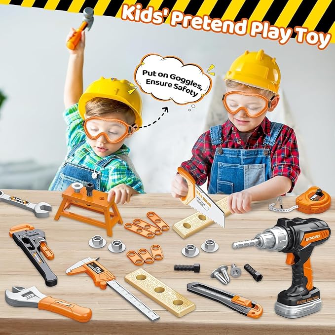 Kids Tool Set with Portable Tool Box & Electronic Toy Drill, Toddler Tool Set,Tool Play Toys Construction Tools for Kids Ages 3,4,5,6,7,8 for Christmas Birthday Gifts