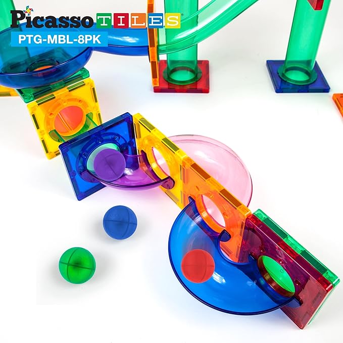 PicassoTiles 8pc Marbles for Magnetic Block Tiles Marble Run Race Track Magnet Building Tile Blocks Racetrack Maze Construction Toys Creative Toy Girls Boys 3 and Up Early Education STEM Learning Kit