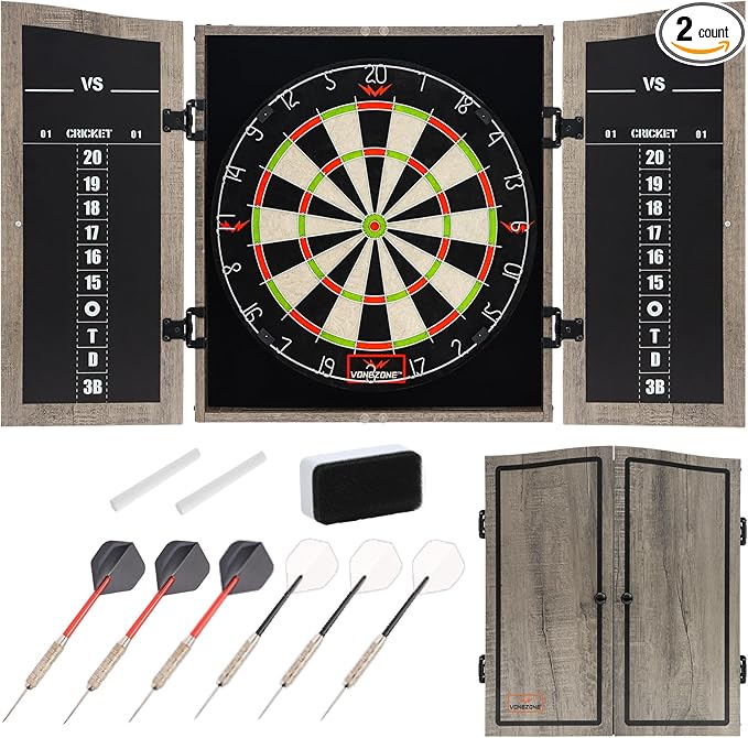 Dartboard Cabinet Set - Easy Assembly One Piece Sports Hemp Dartboard Scoreboard - Play Immediately - 6 Dart Chalk Set for Home Game Bar Accessories, Gray
