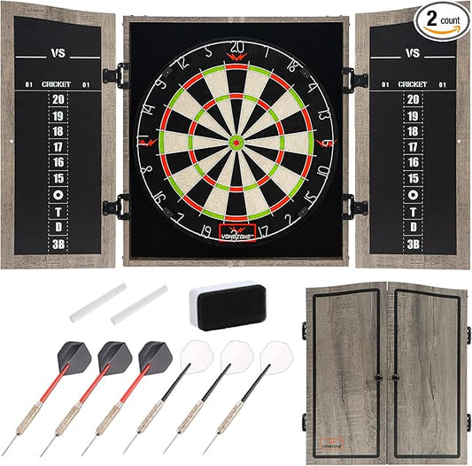 Dartboard Cabinet Set - Easy Assembly One Piece Sports Hemp Dartboard Scoreboard - Play Immediately - 6 Dart Chalk Set for Home Game Bar Accessories, Gray