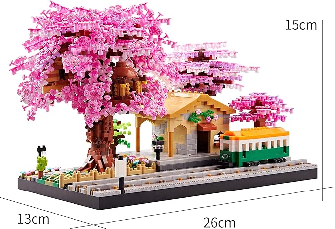 Japanese Cherry Blossom Train Station Micro Building Blocks Set - Creative Mini Bricks Model Kit for Adults and Kids (3668 PCS) with Figures
