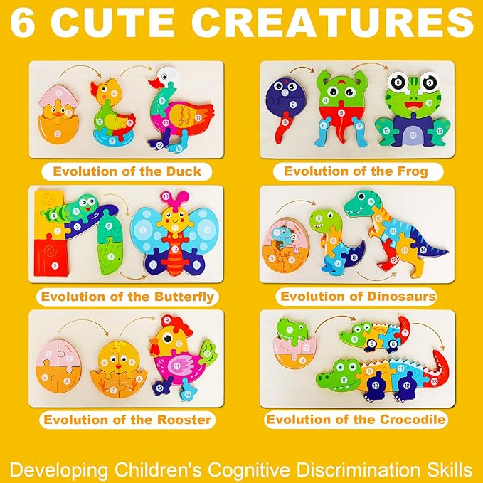 Wooden Puzzles for Toddlers 1-3,Montessori Education Learning Animal Evolution Growth Blocks Jigsaw Puzzle for Toddlers 2-4,Great Gifts for 2 Year Old Boy Girls(6 Pack)