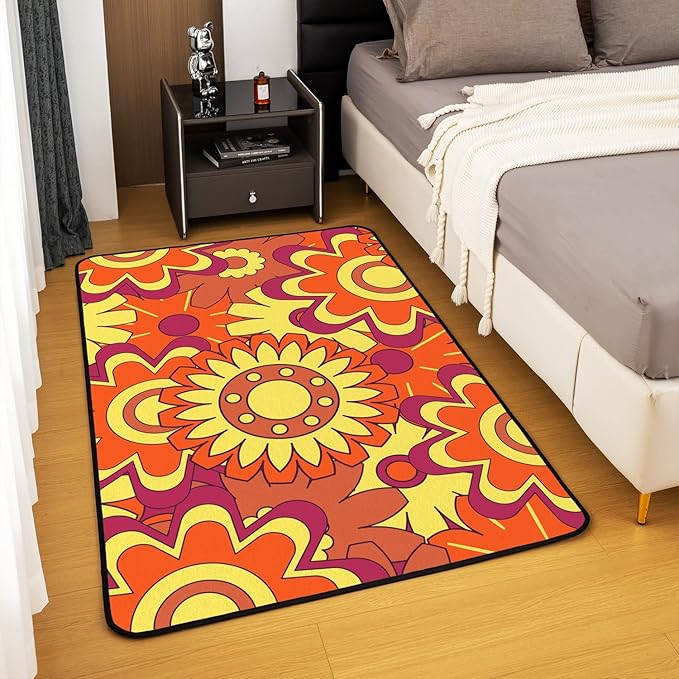 Erosebridal Groovy Decorative Rug 5x7 Retro Hippie Flower Area Rug Aesthetic Psychedelic Floral Carpet for Kids Girls Boys,Boho Natural Garden Botanical 60S 70S Non Slip Rug