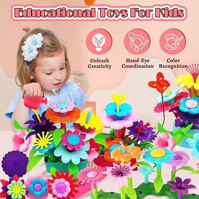 FUNZBO 109pcs Flower Garden Building Toy Set - Spring Toys for 3 4 5 6 7 Years Old Girl, STEM Montessori Educational Toy for Kid Toddler, Sorting & Stacking Building Block Birthday Gift