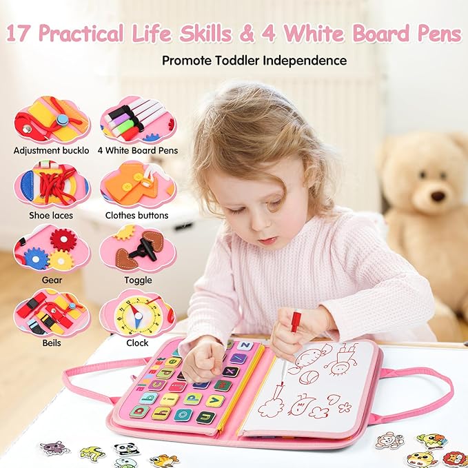 2 Year Old Girl Birthday Gift, Montessori Busy Board Book- Toddler Christmas Toys for 1 2 3 Year Old Girls Gift, Educational Sensory Learning Activity Toys for Road Airplane Travel