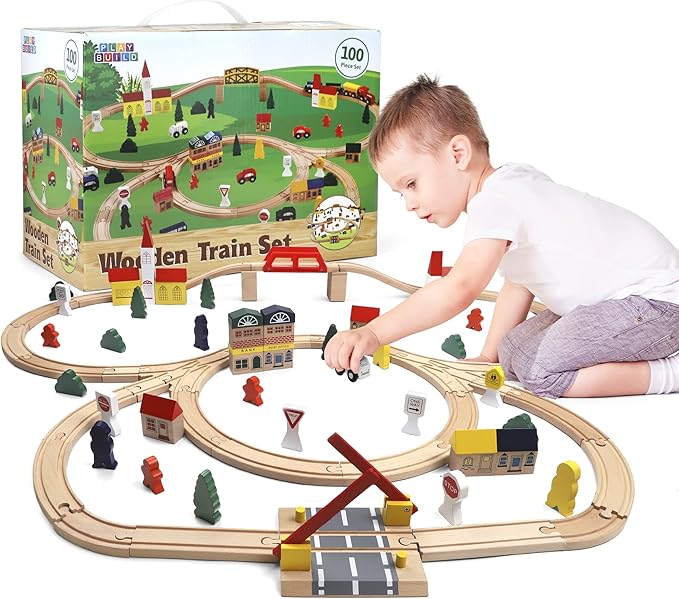 Wooden Train Set, Complete Toddler Train Set, Interactive Play & Learn Set, Creative Wooden Train Track Design, Premium Quality, Ages 3+ (100 Piece Set)