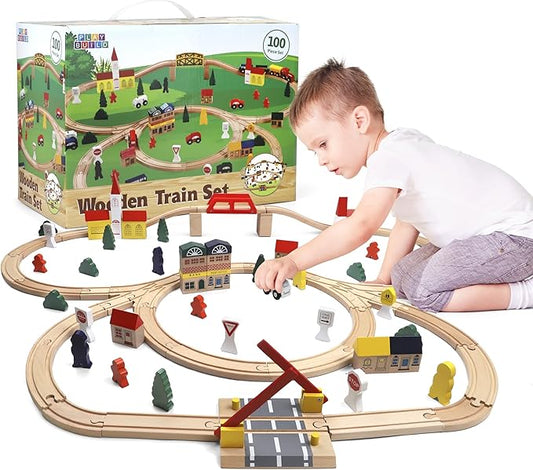 Wooden Train Set, Complete Toddler Train Set, Interactive Play & Learn Set, Creative Wooden Train Track Design, Premium Quality, Ages 3+ (100 Piece Set)