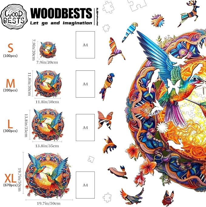 WOODBESTS Wooden Jigsaw Puzzle for Adults, Mandala Hummingbird Puzzle (L, 300pcs, 13.8"x13.8") Beautiful Wooden Box, Puzzle Wood Unique Shape, Birthday Gifts for Adults and Kids Family Game