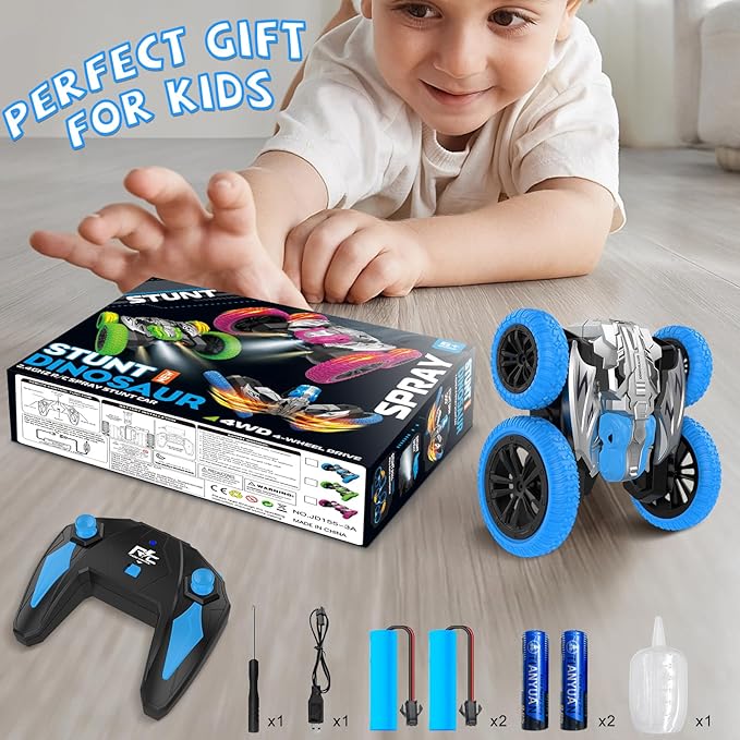 Remote Control Car, 360° Rotating RC Stunt Car with Lights and Spray, 2.4Ghz 4WD Double-Sided Driving RC Car Toys for Kids, Outdoor Dinosaur Truck Gift for Boys and Girls Age 4-7,8-12 (Blue)