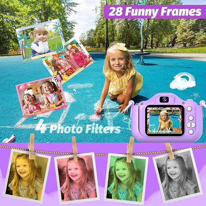 Kids Camera Toys Gifts for Boys Girls, Selfie HD Digital Video Shockproof Camcorder, Christmas Birthday 3 4 5 6 7 8 9 Years Old Girls - 32GB SD Card Included