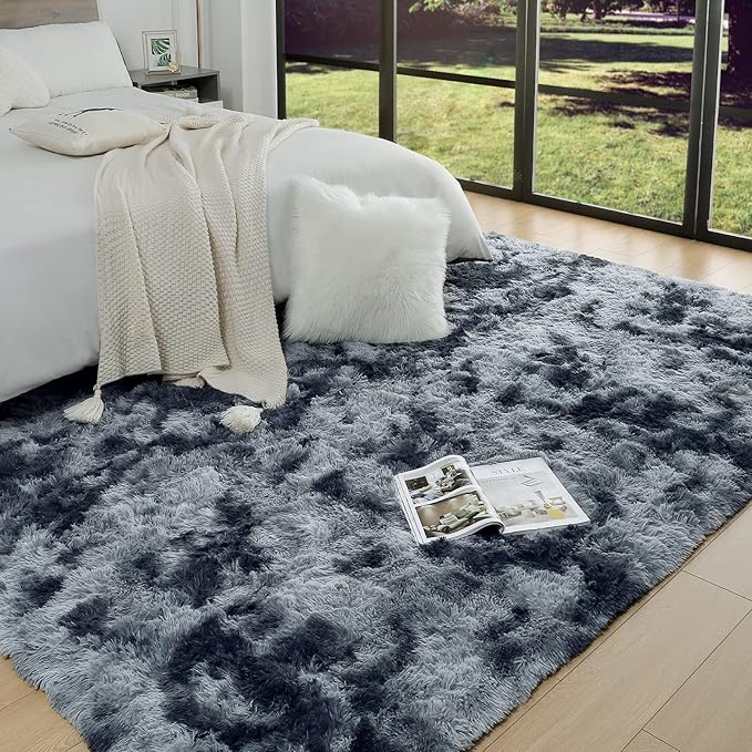 AROGAN Soft Rainbow Area Rugs for Girls Room, Fluffy Girls Bedroom Rugs, Princess Rug, Cute Colorful Carpet for Kids Teens Nursery Toddler (Blue-Grey, 4×6 Feet)