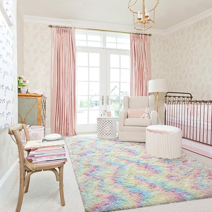 AROGAN Soft Rainbow Area Rugs for Girls Room 5x8 Feet, Fluffy Girls Bedroom Rugs, Princess Rug, Cute Colorful Carpet for Kids Teens Nursery Toddler, Pink