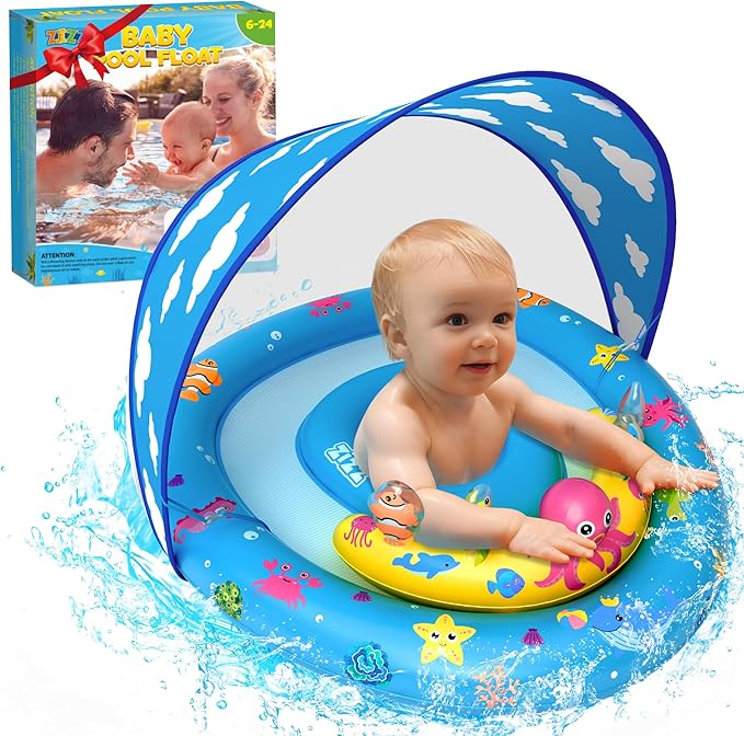 ZIZZ Baby Pool Float with Canopy - 2025 New Inflatable Baby Swim Float with UPF50+Sun Protection, Baby Infant Pool Float with Toy Play Console Adjustable Seat for Toddler Kids Aged 6-36 Months