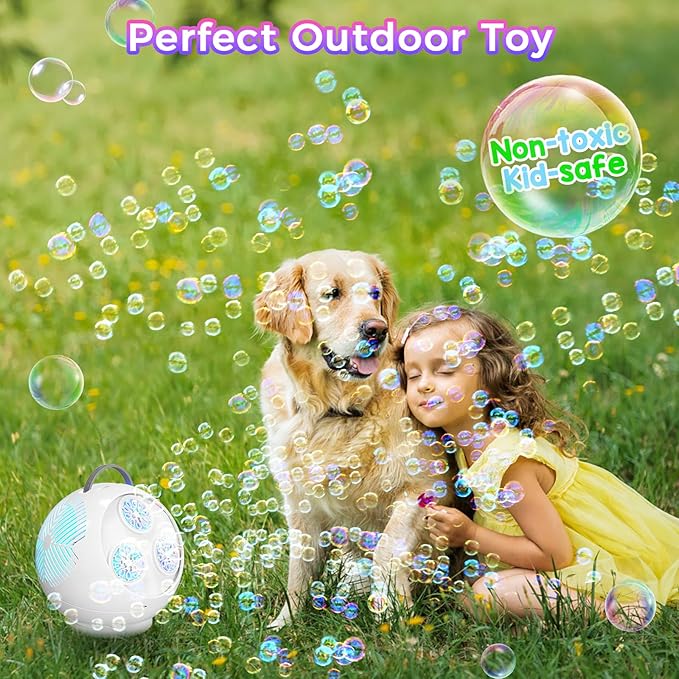 Bubble Machine Automatic Spherical Bubble Blower for Kids Rechargeable Portable LED RGB Lights Bubble Maker Auto Rotating 45°/360° Outdoor for Birthday Party Wedding Crackle White (White)