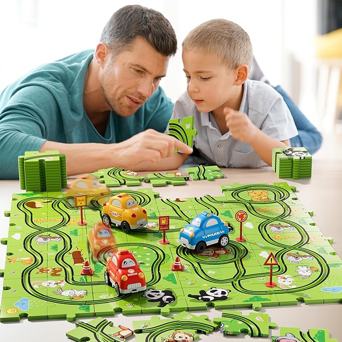 Bennol Toddler Toys Gifts for 2 3 4 5 Year Old Boys, 73 Jigsaw Puzzle Race Track Car Set Toys for Kids Boys Toddlers 1-3 2-4 3-5 4-6, Puzzle Tracks Car Toys Gifts for 2 3 4 5 Year Old Boys Kids