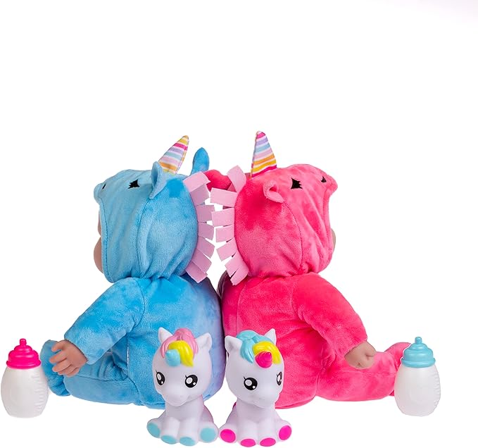 JC Toys Lots to Cuddle Babies 12-inch Small Soft Twin Baby Dolls Unicorn Theme| Washable | Pink and Blue | Includes Play Unicorns, Bottles, Pacifiers| for Children 12 Months +