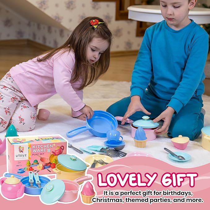 TECHNOK Kids Play Kitchen Accessories - 49 Pcs Play Dishes Cookware Set - Large Toy Pots and Pans for Kids Kitchen Pretend Dishes - Play Food Set - Cooking Utensils - Toy Cooking Set for Girls Boys 3+