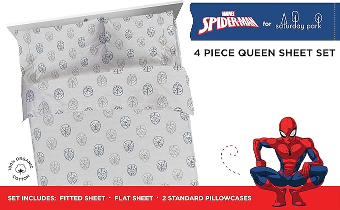 Saturday Park Marvel Spiderman Web Stripe Queen Sheet Set - 4 Piece 100% Organic Cotton Sheets - GOTS & Oeko-TEX Certified (Marvel Official)