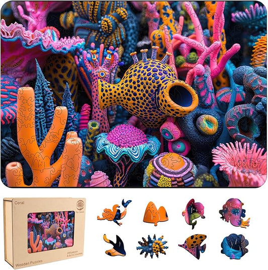 Wooden Jigsaw Puzzle for Adults and Kids Unique Shape Wood Colorful Beautiful Box Fun Challenge Brain Health Family Game Creative Gift for Friends Rompecabezas Madera(Coral Reef 200pcs)