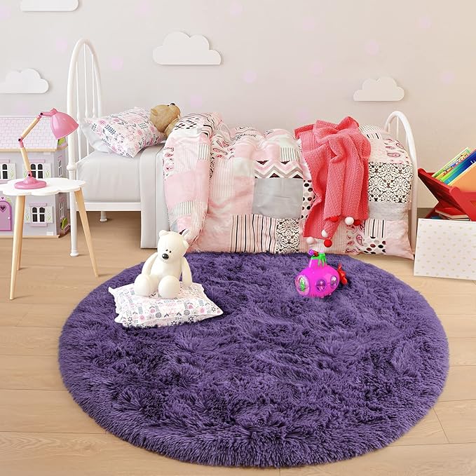 junovo Round Rug 5x5 Feet Fluffy Soft Area Rugs for Kids Girls Room Princess Castle Plush Shaggy Carpet Cute Circle Nursery Rug for Kids Girls Bedroom Baby Room Home Decor Circular Carpet, Grey-purple