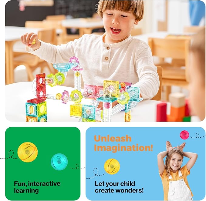 PicassoTiles 100 Piece Magnetic Marble Run Travel Size Sensory Toddlers Construction Toy Set Mini Diamond Magnet Tiles Marbles for Kids Race Track Building Blocks STEM Learning Kit Boy Girl 3+ PTMG100