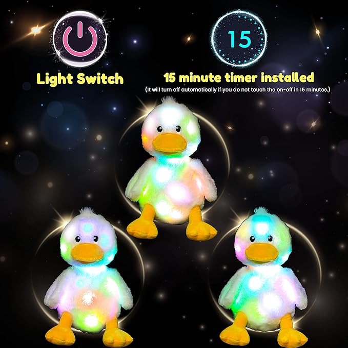 Hopearl Easter LED Plush Duck Light up Stuffed Duckling Farm Animal Floppy Night Lights Glow in The Dark Birthday Gifts for Kids Toddler Girls, White, 12''