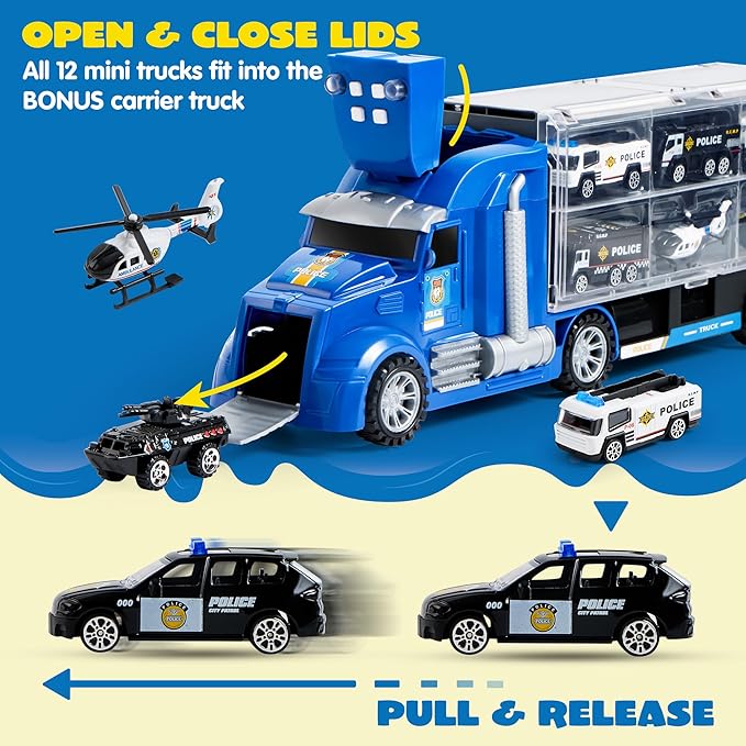 JOYIN 25 in 1 Police Rescue Truck Car Toy Set with Sounds and Lights, Mini Vehicles in Carrier Truck, Play Police Patrol Rescue Vehicle Toy, Birthday Gifts for Over 3 Years Old Boys