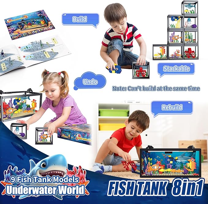 8 in 1 Fish Tank Building Sets, Marine Aquarium Building Block with LED Light Party Favors 9 Model Toy Including Shark Octopus Crab, Christmas Birthday Gifts for Boys Girls Kids Ages 6 8 10 12+
