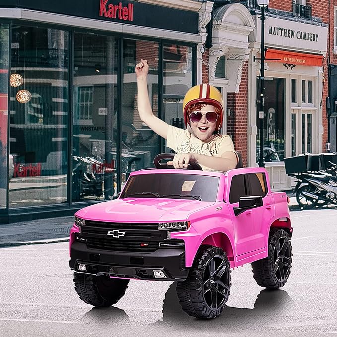 12V Ride on Car,Battery Powered Licensed by Chevrolet Silverado GMC Kids Ride On Truck,Toddler Electric Vehicles Toys w/Remote Control, MP3/Bluetooth, Spring Suspension, LED Light (Pink-2)