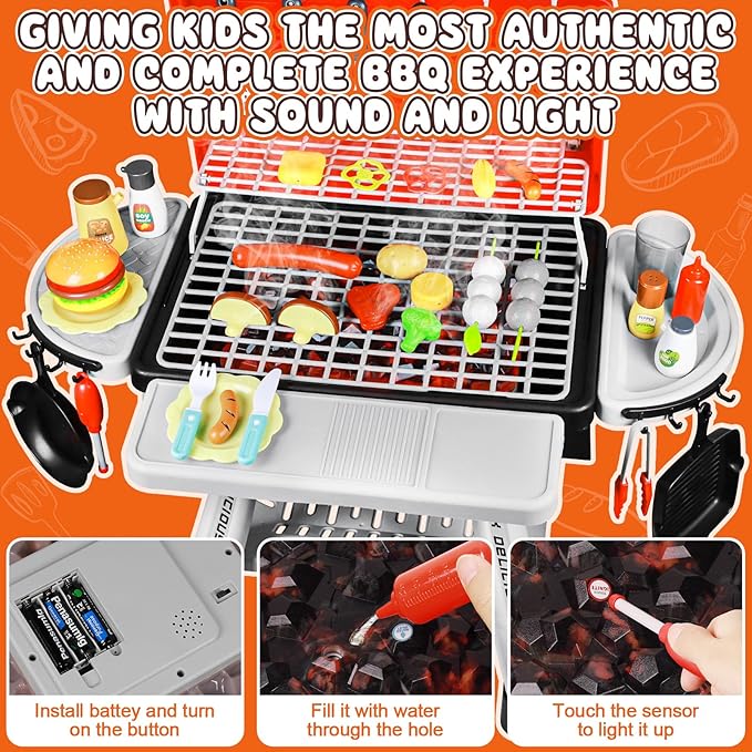 2025 Kids Play Kitchen Toy Grill BBQ Kitchen Playset Outdoor Toy with Smoke Light Outside Pretend Play Food Toys Cooking Set 2-Layer Barbecue Gifts for Toddler Boys Girls 3-5 6 7 8
