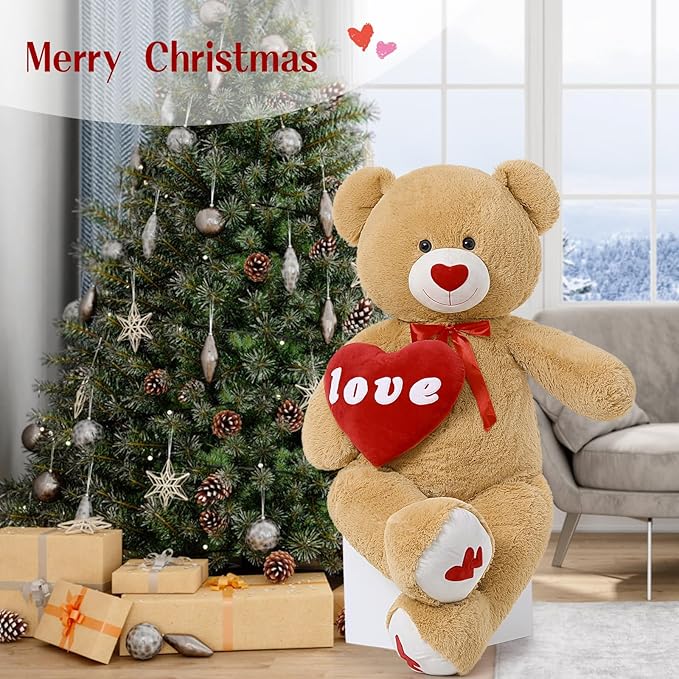 MorisMos Love Heart Giant Teddy Bear 4ft, 51inch Red Heart Large Bear for Girlfriend, Soft Valentine Stuffed Animals Plush Gift for Boyfriend Kids, Brown