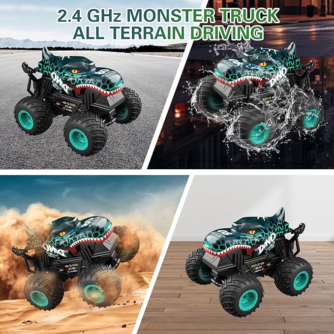 Jumping Monster Truck Toy, 2.4GHz Remote Monster Trucks for Boys 4-6, Dinosaur Monster RC Truck, 2 Rechargeable Batteries, 3 Lighting and Music, Rotate 360 °, Drift, Green Remote Control Car