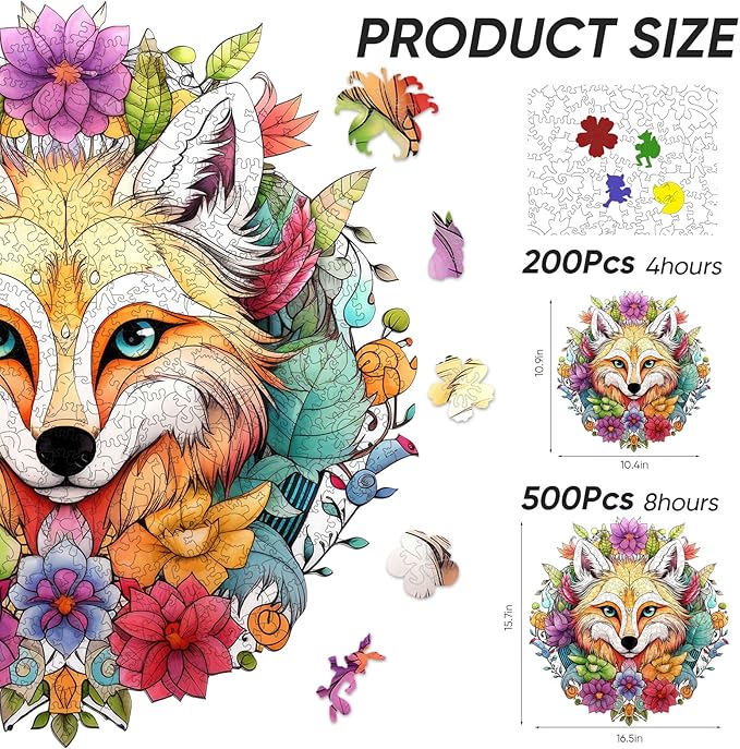 Wooden Puzzles for Adults,Fox Wooden Jigsaw Puzzles 200pcs,10.9X10.4inch,Medium,Unique Shape Animal Adult Puzzles,Irregular Wood Puzzles Creative Gift for Adults and Kids Family Game