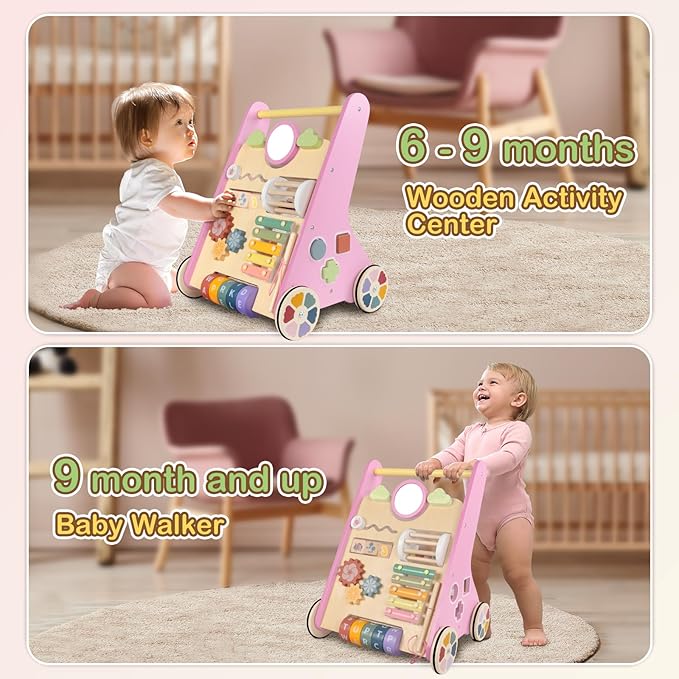 Baby Walker with Wheels, Wooden Push Walker Toys for Babies 6-12 Months, Baby Girl Walking Activity Toys for 1 Year Old