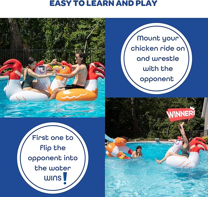 SCS Direct Chicken Fight Inflatable Pool Float Game Set - Includes 2 Giant Battle Ride-Ons - Flip Your Friends to Win- for Outdoor Swimming Party Activities Fun w/Kids Family Adults, Summer Gift