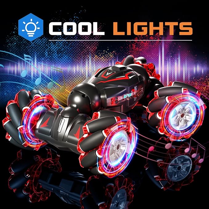 Deejoy 1:12 Red RC Stunt Car, 2.4GHz 4WD Remote Control Gesture Sensor Toy, Double Sided Rotating Off Road Vehicle 360° Flips with Lights Music, Cars for Boys & Girls Birthday