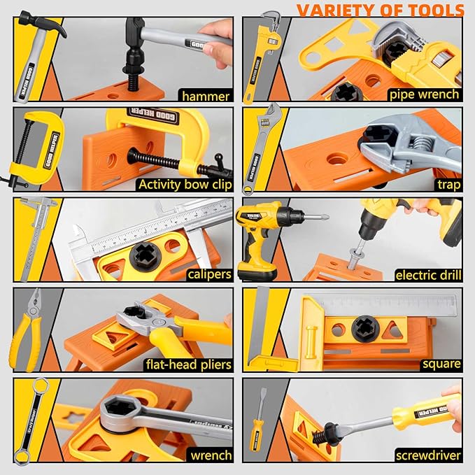 Zealous 48pcs Kids Tool Set with Tool Box & Electronic Toy Drill, Pretend Play Kids Construction Kits for Kids Ages 3-5 Years Old, Toddler Boy Toys (Yellow)