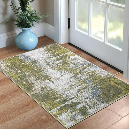 Entrance Rugs Indoor 2x3 Green Entry Rug Washable Abstract Small Area Rug Non-Slip Low Pile Throw Rugs for Entryway, Kitchen Floor, Front Door Indoor Door Mat, Bedroom Bedside