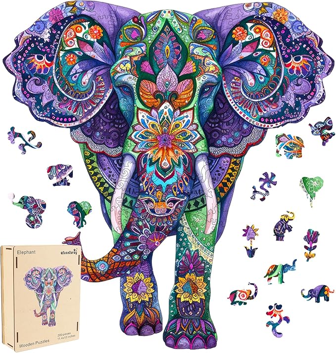 Wooden Jigsaw Puzzles-Elephant,200pcs,12.4x11.4in,Medium,Wooden Puzzles for Adults,Unique Shape Animal Adult Puzzles,Irregular Wood Puzzles Best Gift for Adults and Kids Family Game