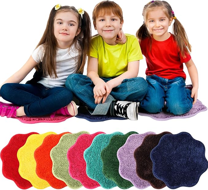 Nuogo 10 Pieces Kids Crazy Carpet Circle Seats Rainbow Floor Rug Mats Warm Colorful Soft Floor Cushions for Home School Classroom Story Time Group Activity Spot Marker Play Areas (Flower)