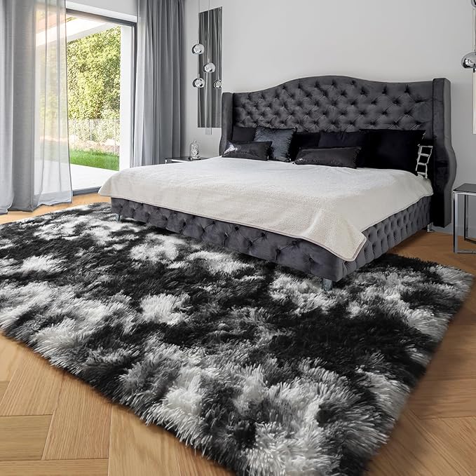 PAGISOFE Black White Grey Bedroom Rugs 4x6 Ft, Soft Fluffy Fuzzy Plush Indoor Floor Area Rug for Living Room Kids Room Playroom Dorm Home Office Nursery Men Boys Rooms Decor Carpet Aesthetic