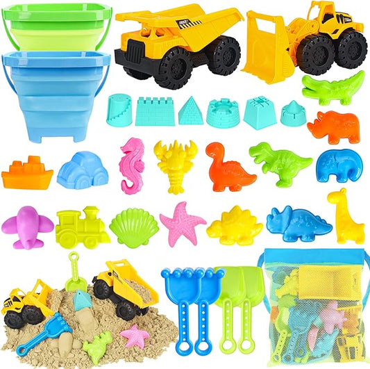 Beach Toys, 31Pcs Sand Toys with 2 Construction Vehicle and 2 Collapsible Beach Bucket, Sand Castle Building Kit, Sand Molds, Shovel Set, Mesh Bag, Summer Toys for Kids Ages 4-8