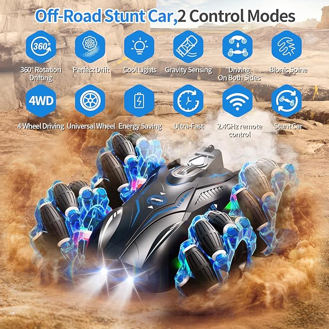 RC Gesture Sensing Stunt Car,2.4GHz 4WD Remote Control Car with Cool Light,Double Sided Rotating Off Road Vehicle 360° Flips Cars for 6-12 Year Old Boys Girls Birthday Presents(Blue)