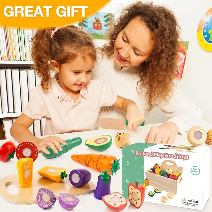 Wooden Play Food Set for Kids Kitchen | Velcro Chopping Veggies & Fruits Toy Food Set with Storage Case & Bag, Play Kitchen Accessories, Pretend Play Food for Toddlers 3+