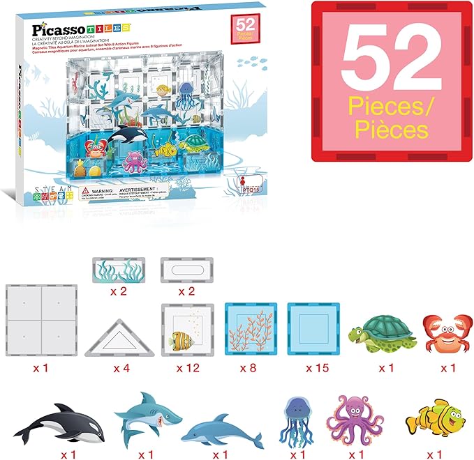 PicassoTiles Magnet Tiles Magnetic Building Blocks Aquarium Marine Animal Theme Set with 8 Character Action Figures Shark Crab Turtle STEM Toys Construction Preschool Toddlers Kids Boys Girls 3+ PTQ15