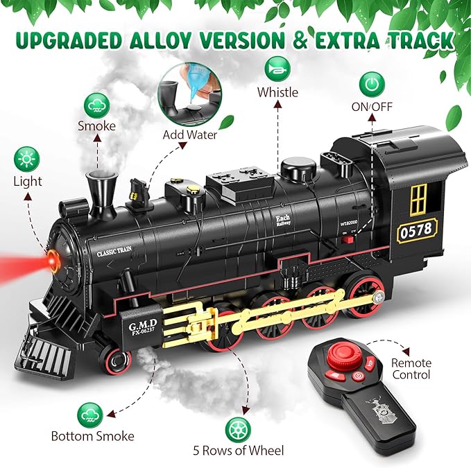 Hot Bee Train Set for Boys, Alloy Remote Control Train Toys with Steam Locomotive Cargo Cars Tracks, Trains with Realistic Smoke Sound Lights,Christmas Train Toys Gifts for 3 4 5 6 7 8+ Years Old Kids