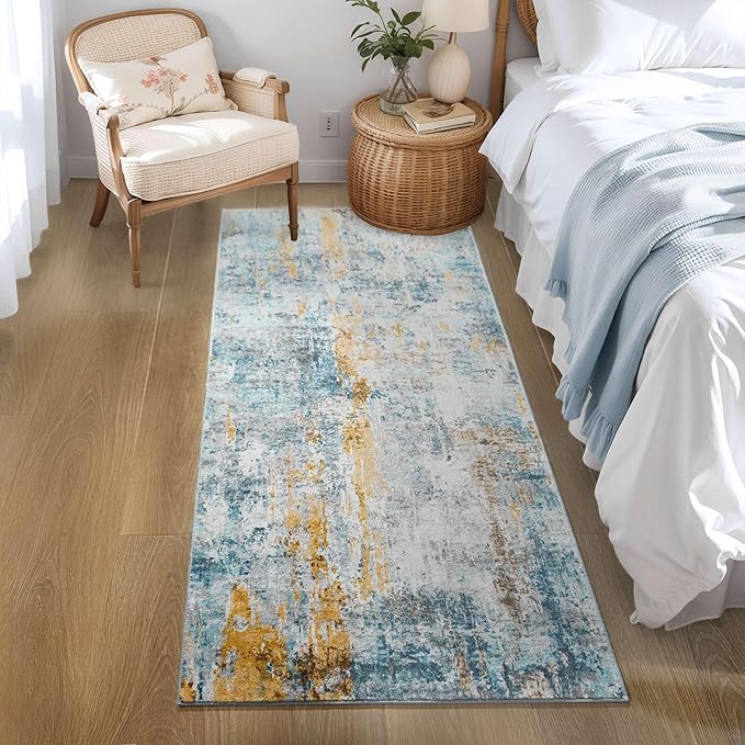 Runner Rug for Kitchen Hallways Runner Rug Non Slip 2'6''x8' Washable Blue Long Runner Rugs with Rubber Backing Soft Abstract Carpet Runner for Entryway, Kitchen, Bedroom, Bathroom