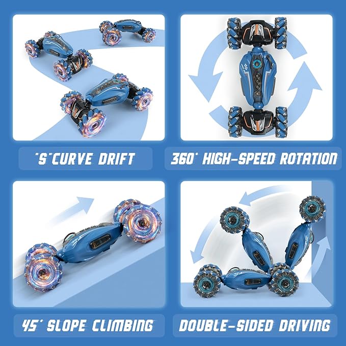 Remote Control Car, 4WD Gesture Sensing RC Stunt Car for Kids with Light & Music, 2.4Ghz 360°Rotation RC Toy with Spray, Hand R/C Speedcar for Boys Girls Age 6 7 8 9 10 Year Old Blue