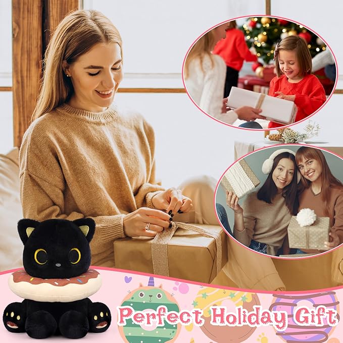 Black Cat Plush, 8inch Donut Black Cat Stuffed Animal Cute Plushies Toys for Girls Kids Boys, Kawaii Kitten Plushie for Kids Adult Birthday Gift
